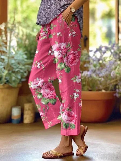 Annika | Damen Lockere Blumen-Freizeithose mit Mittlerer Taille und Taschen