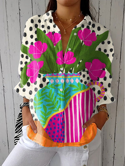 Johanna | Damen Lockere Blumen Vase Print Knopfleiste Bluse