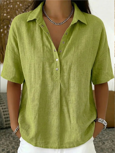 Amelie | Damen Lockere Kurzarm-Bluse mit Polokragen und Knopfleiste