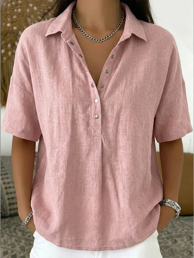Amelie | Damen Lockere Kurzarm-Bluse mit Polokragen und Knopfleiste