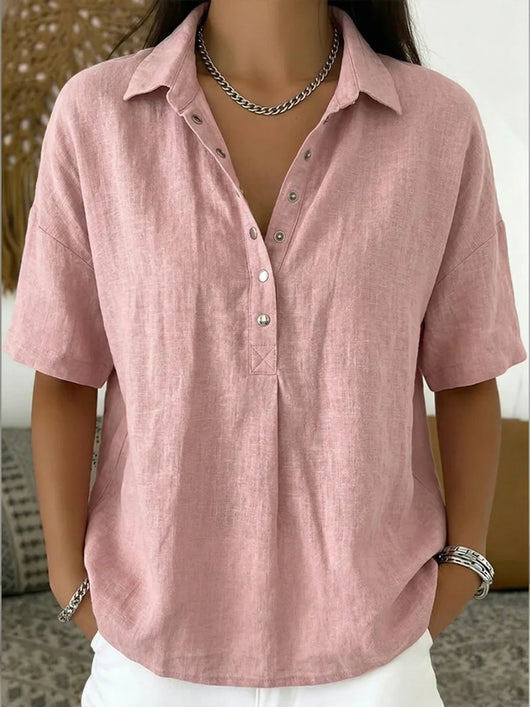 Amelie | Damen Lockere Kurzarm-Bluse mit Polokragen und Knopfleiste