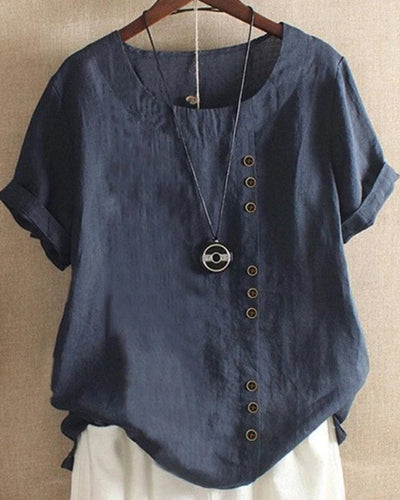 Sophie | Damen Lockere Leinenbluse Kurzarm Asymmetrischer Knopfleiste