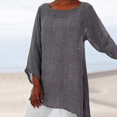 Lena | Damen Lockeres Langarm-Leinenbluse Oversized Tunika-Oberteil