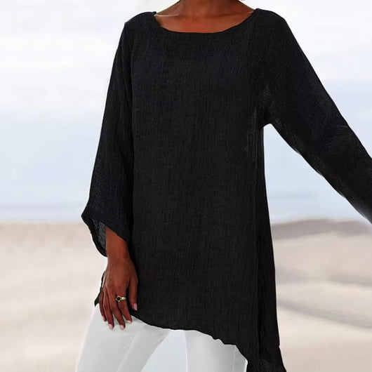 Lena | Damen Lockeres Langarm-Leinenbluse Oversized Tunika-Oberteil