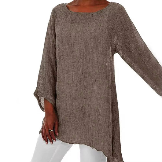 Lena | Damen Lockeres Langarm-Leinenbluse Oversized Tunika-Oberteil