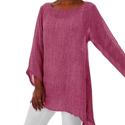 Lena | Damen Lockeres Langarm-Leinenbluse Oversized Tunika-Oberteil