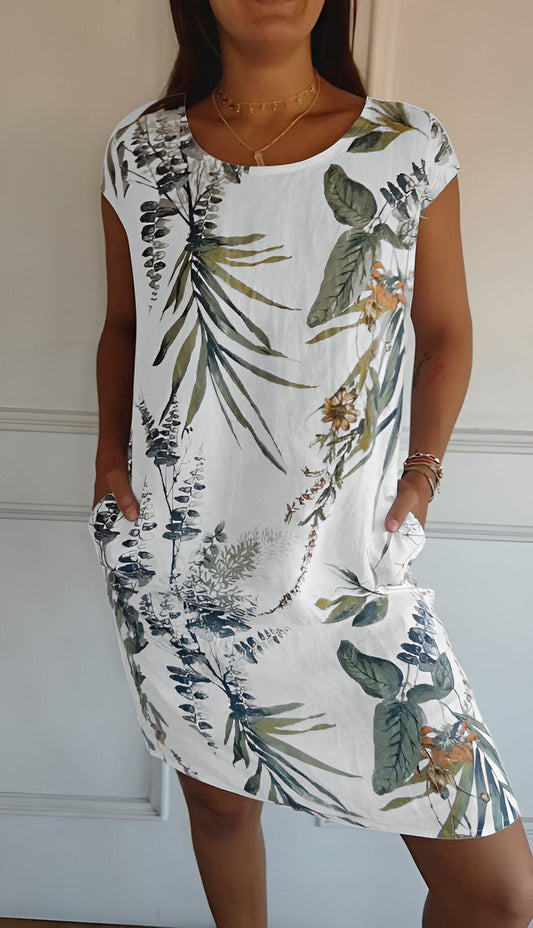 Marie | Damen Lockeres Sommerkleid mit Tropischem Blattmuster