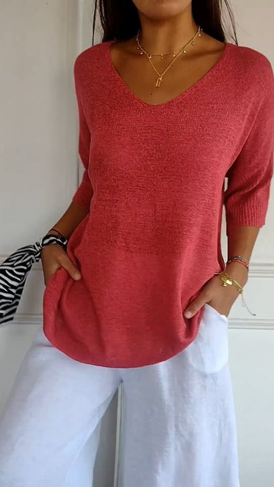Nora | Damen Lockeres V-Ausschnitt Strick-Top Kurzarm