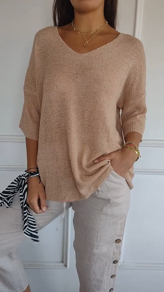Nora | Damen Lockeres V-Ausschnitt Strick-Top Kurzarm