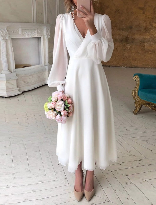 Greta | Damen Long Sleeve Dress elegantes Midi-Hochzeitskleid V-Ausschnitt Puffärmel