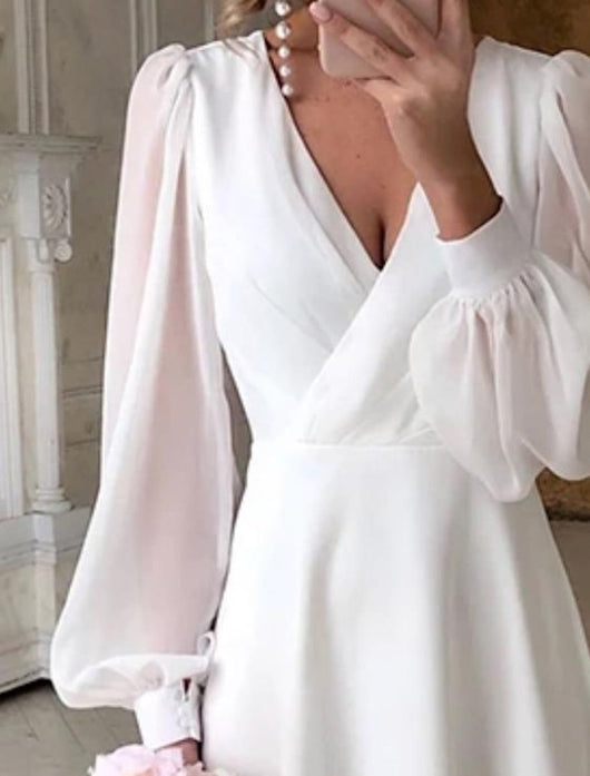 Greta | Damen Long Sleeve Dress elegantes Midi-Hochzeitskleid V-Ausschnitt Puffärmel