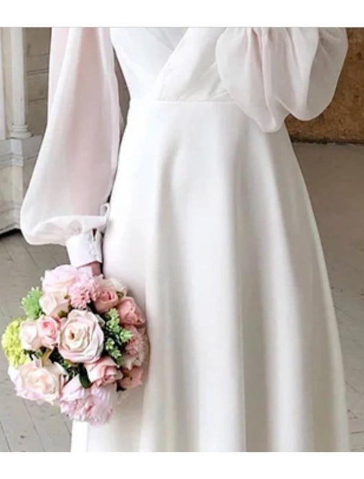 Greta | Damen Long Sleeve Dress elegantes Midi-Hochzeitskleid V-Ausschnitt Puffärmel