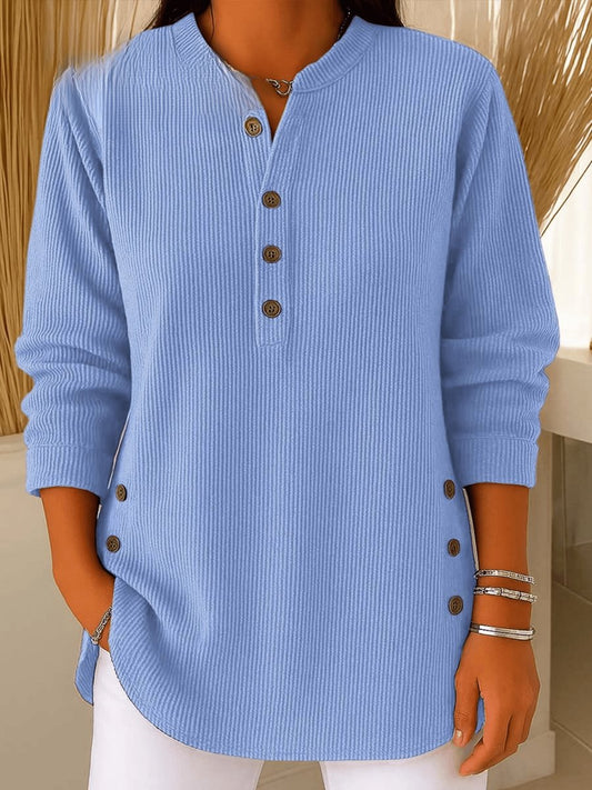 Sophie | Damen Longline Gerippte Henley-Tunika Seitenknopf-Detail