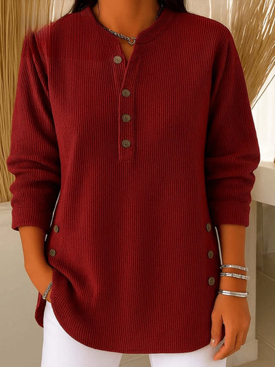 Sophie | Damen Longline Gerippte Henley-Tunika Seitenknopf-Detail