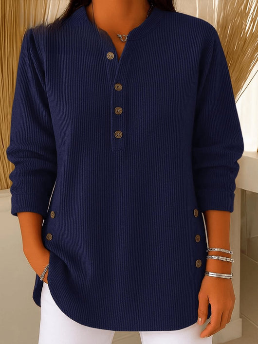 Sophie | Damen Longline Gerippte Henley-Tunika Seitenknopf-Detail