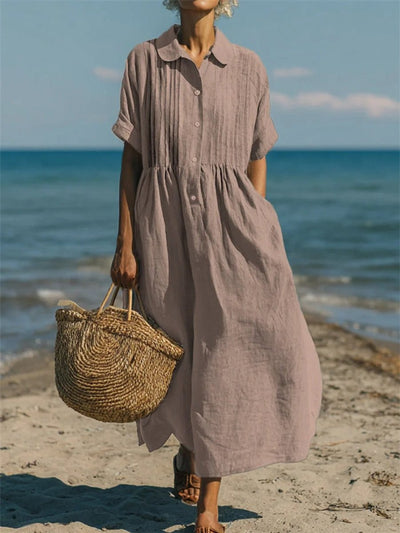 Lena | Damen Luftiges Kurzarm Hemdblusenkleid Midi Sommerkleid