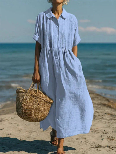 Lena | Damen Luftiges Kurzarm Hemdblusenkleid Midi Sommerkleid