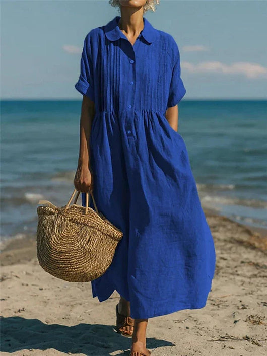 Lena | Damen Luftiges Kurzarm Hemdblusenkleid Midi Sommerkleid