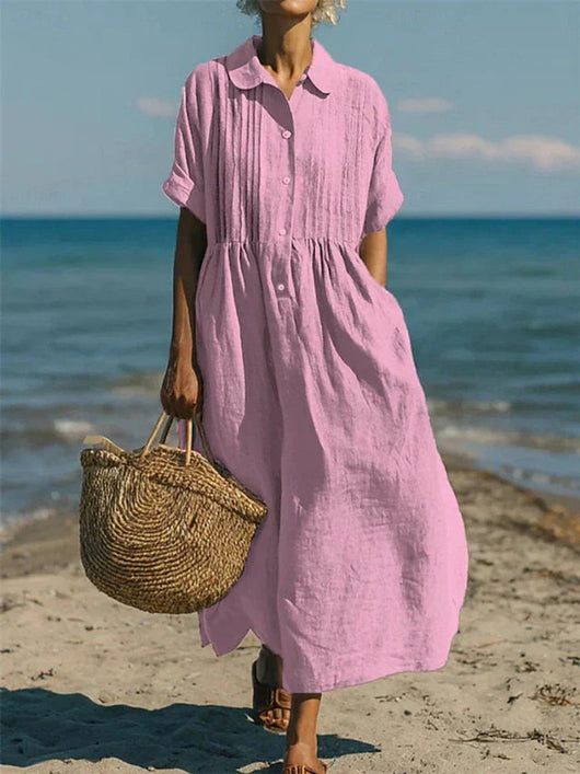 Lena | Damen Luftiges Kurzarm Hemdblusenkleid Midi Sommerkleid