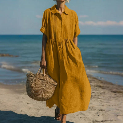 Lena | Damen Luftiges Kurzarm Hemdblusenkleid Midi Sommerkleid