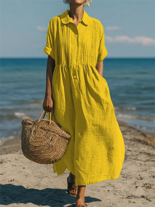 Lena | Damen Luftiges Kurzarm Hemdblusenkleid Midi Sommerkleid