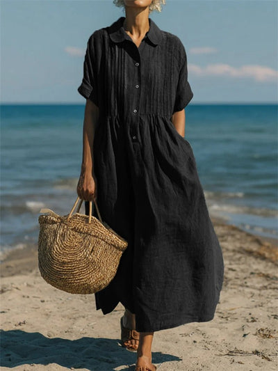 Lena | Damen Luftiges Kurzarm Hemdblusenkleid Midi Sommerkleid