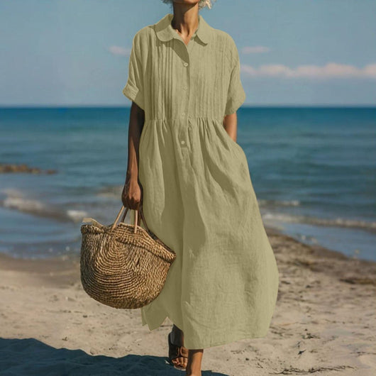 Lena | Damen Luftiges Kurzarm Hemdblusenkleid Midi Sommerkleid
