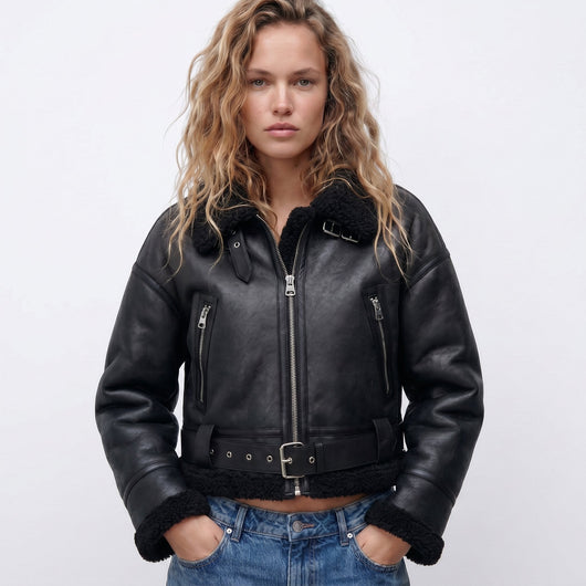 Elfriede | Damen Luxus Doppelseitige Lammfell Bomber Jacke