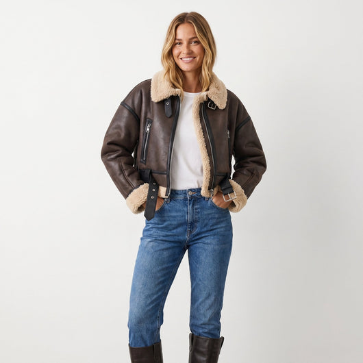 Elfriede | Damen Luxus Doppelseitige Lammfell Bomber Jacke