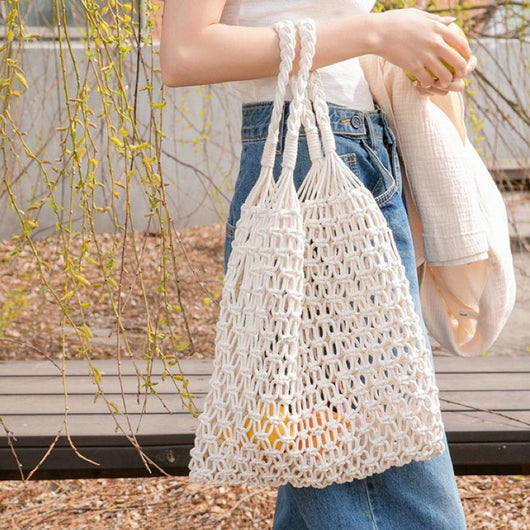 Mia | Damen Makramee Tote Bag aus Baumwolle gehäkelte Einkaufstasche