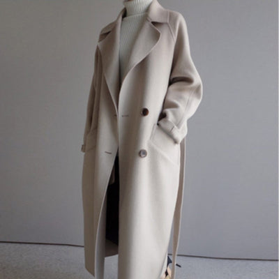 Frieda | Damen Mantel langer Wollmantel mit Revers Doppelknöpfen