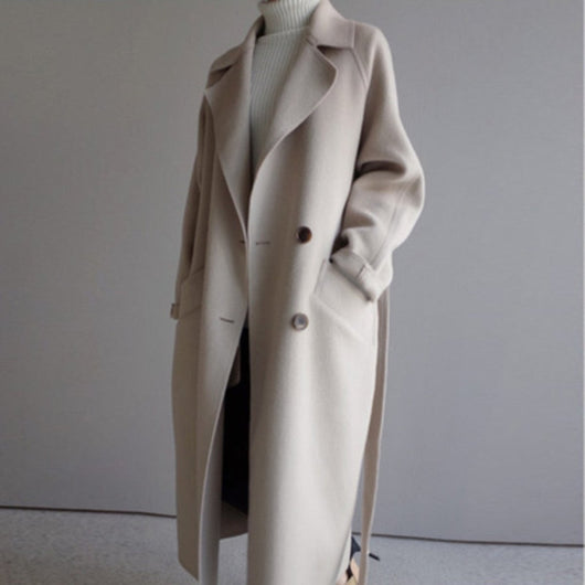 Frieda | Damen Mantel langer Wollmantel mit Revers Doppelknöpfen