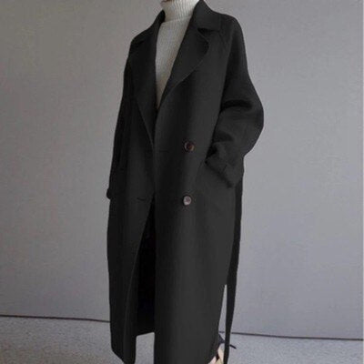 Frieda | Damen Mantel langer Wollmantel mit Revers Doppelknöpfen