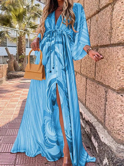 Marie | Damen Maxikleid Tiefer V-Ausschnitt Kimono-Ärmel Bindetaille