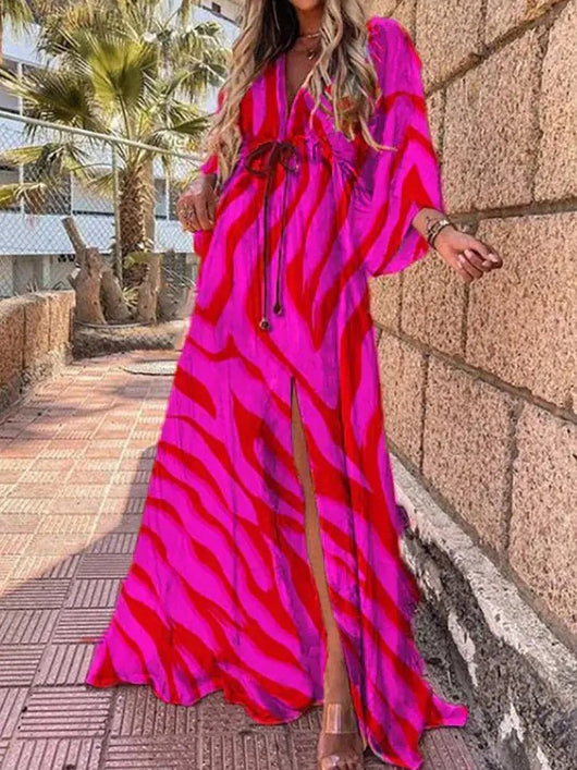 Marie | Damen Maxikleid Tiefer V-Ausschnitt Kimono-Ärmel Bindetaille