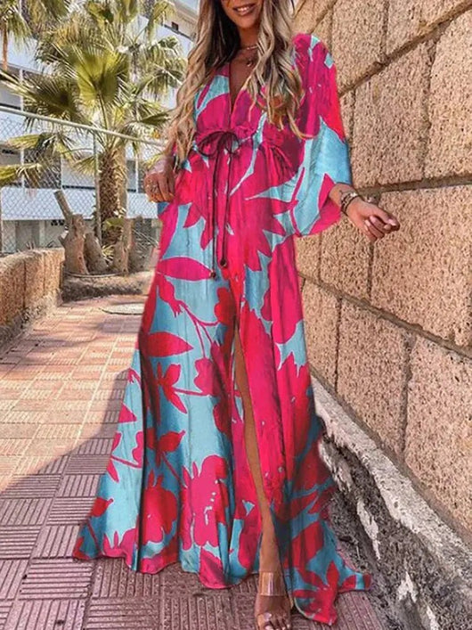 Marie | Damen Maxikleid Tiefer V-Ausschnitt Kimono-Ärmel Bindetaille