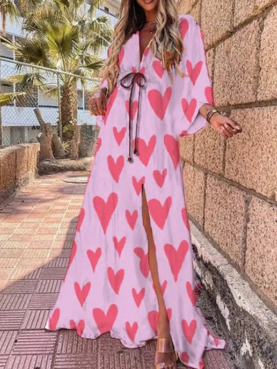 Marie | Damen Maxikleid Tiefer V-Ausschnitt Kimono-Ärmel Bindetaille