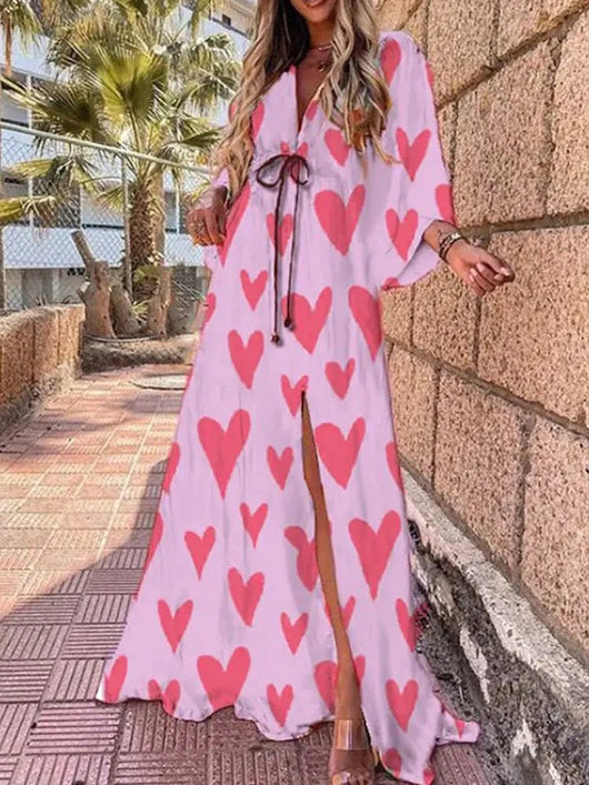 Marie | Damen Maxikleid Tiefer V-Ausschnitt Kimono-Ärmel Bindetaille