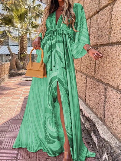 Marie | Damen Maxikleid Tiefer V-Ausschnitt Kimono-Ärmel Bindetaille