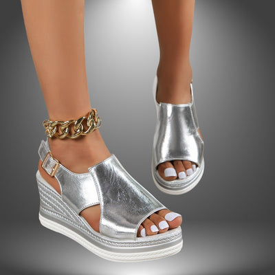 Lena | Damen Metallic Keilsandalen Offene Plateau-Sandalen Schnallenverschluss