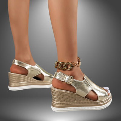 Lena | Damen Metallic Keilsandalen Offene Plateau-Sandalen Schnallenverschluss