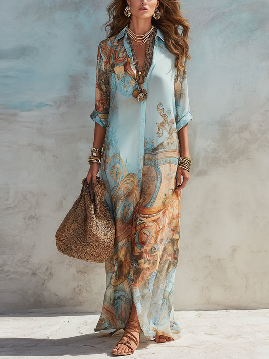 Elisabeth | Damen Midi Dress Langarm Hemdkleid mit Paisley-Print