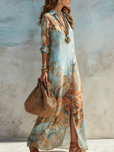 Elisabeth | Damen Midi Dress Langarm Hemdkleid mit Paisley-Print