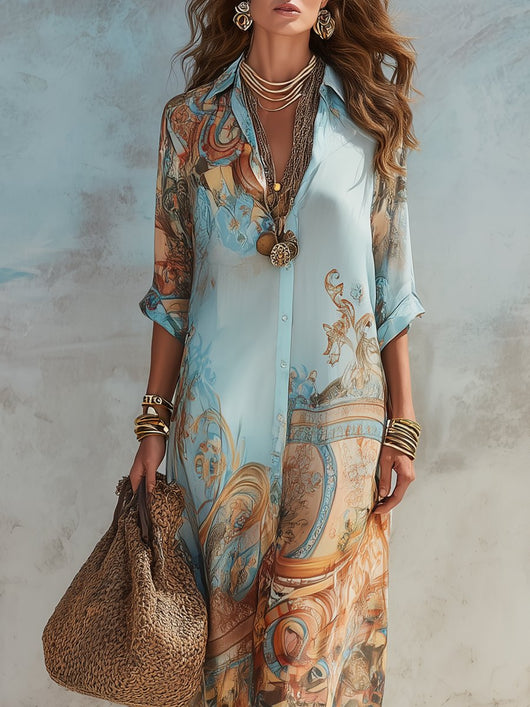 Elisabeth | Damen Midi Dress Langarm Hemdkleid mit Paisley-Print