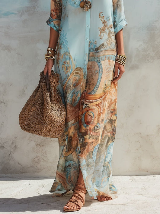 Elisabeth | Damen Midi Dress Langarm Hemdkleid mit Paisley-Print