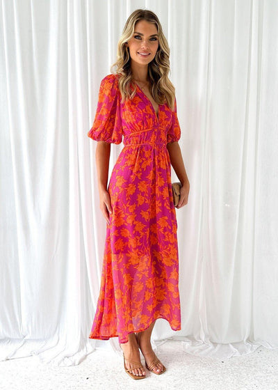 Luisa | Damen Midi Kleid Puffärmel V-Ausschnitt Blumendruck