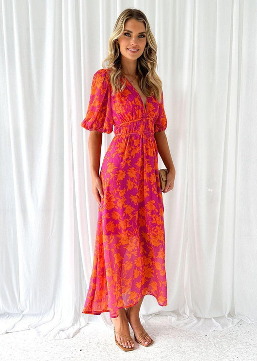 Luisa | Damen Midi Kleid Puffärmel V-Ausschnitt Blumendruck