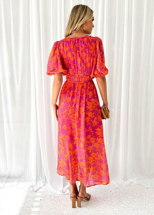 Luisa | Damen Midi Kleid Puffärmel V-Ausschnitt Blumendruck
