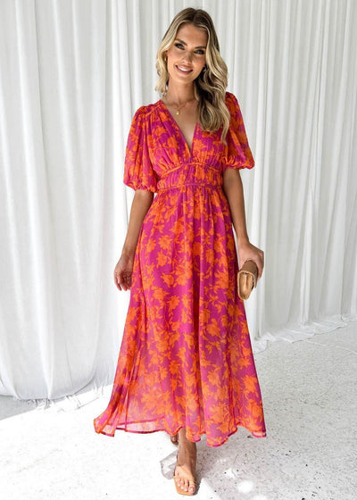 Luisa | Damen Midi Kleid Puffärmel V-Ausschnitt Blumendruck
