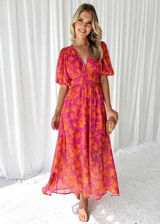 Luisa | Damen Midi Kleid Puffärmel V-Ausschnitt Blumendruck